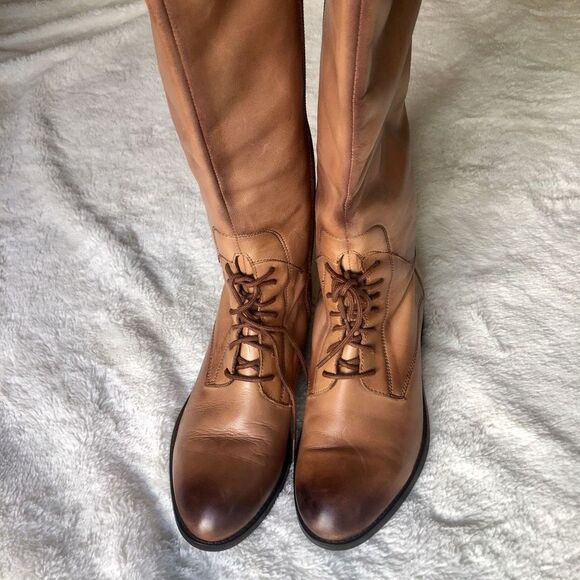 CATHY JEAN BROWN VINTAGE LOOKING KNEE HIGH LEATHER WOMENS BOOTS WITH TIE AND ZIP - Picture 4 of 10